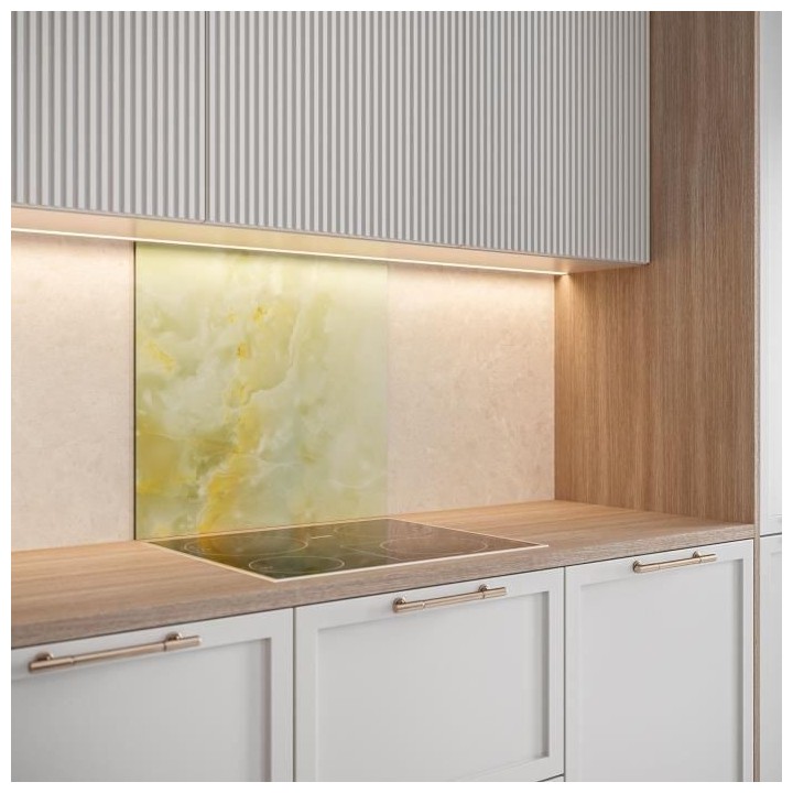 Saint-Gobain Fond de hotte en verre ONYX jaune obtenu par Impression d