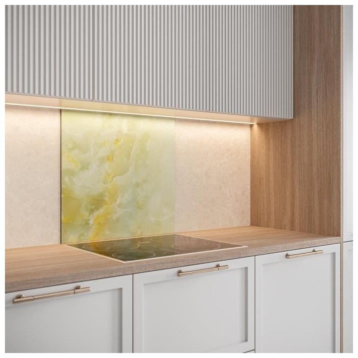 Saint-Gobain Fond de hotte en verre ONYX Jaune obtenu par Impression d