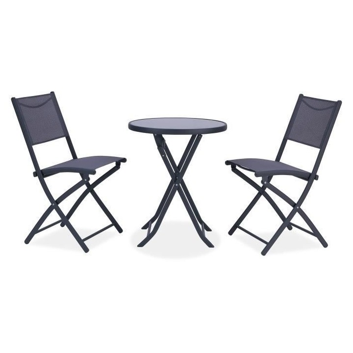 Ensemble Repas Jardin -1 table ronde + 2 chaises pliantes - Acier - Gr