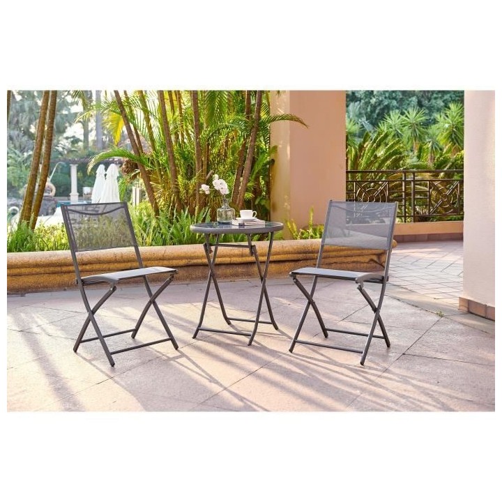 Ensemble Repas Jardin -1 table ronde + 2 chaises pliantes - Acier - Gr