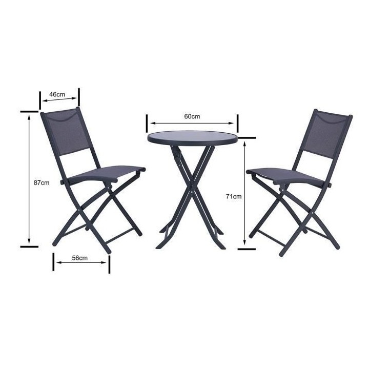 Ensemble Repas Jardin -1 table ronde + 2 chaises pliantes - Acier - Gr