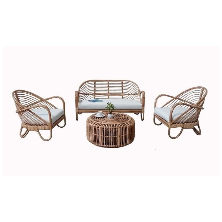 Salon de jardin en rotin naturel avec coussins - 4 personnes - Amata -