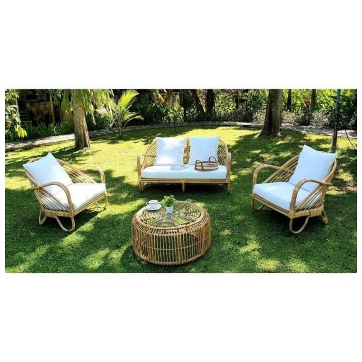 Salon de jardin en rotin naturel avec coussins - 4 personnes - Amata -