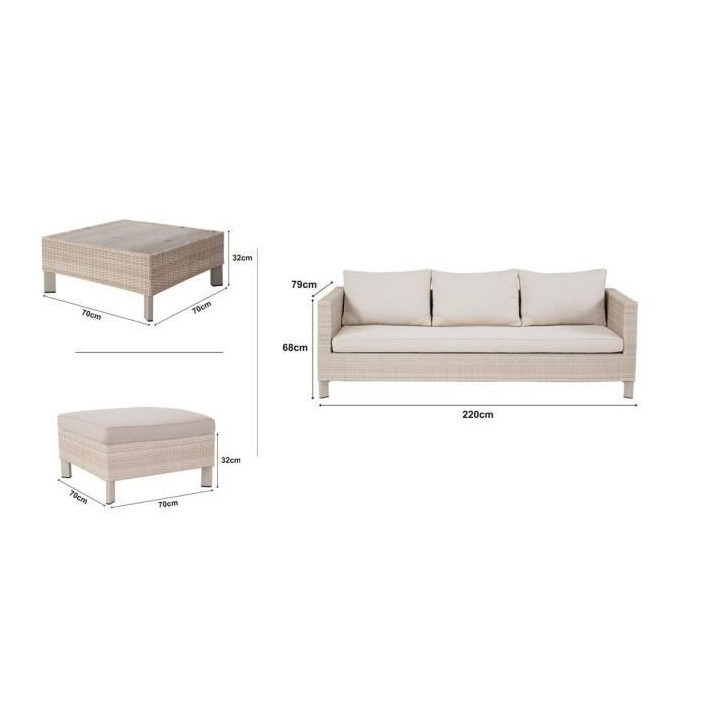 Salon de jardin en résine tressée avec coussins 3 personnes CUBA Bei