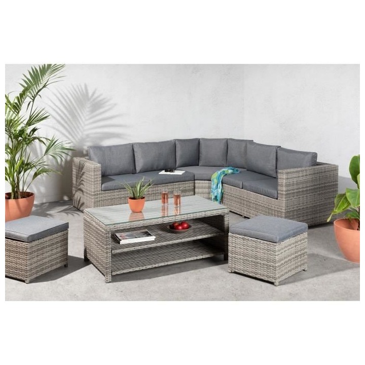 Salon de jardin d'angle en résine tressée - 6/7 personnes - Ferata