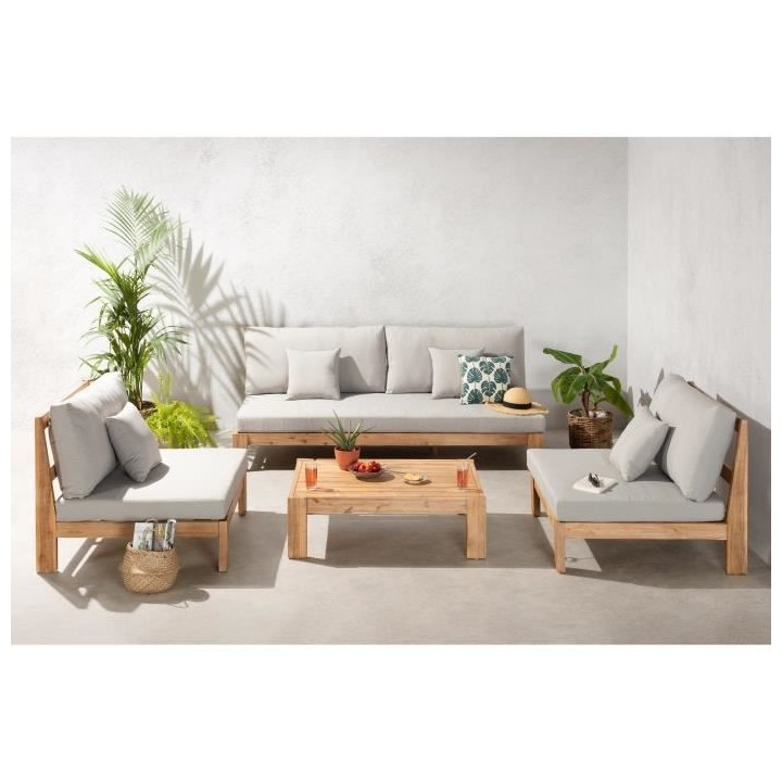 Salon de jardin en bois d'Acacia FSC avec coussins - 4 personnes - Fer