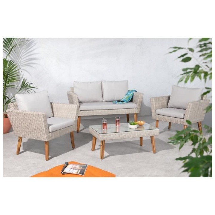 Salon de jardin en résine tressée et pieds en bois d'Acacia FSC avec