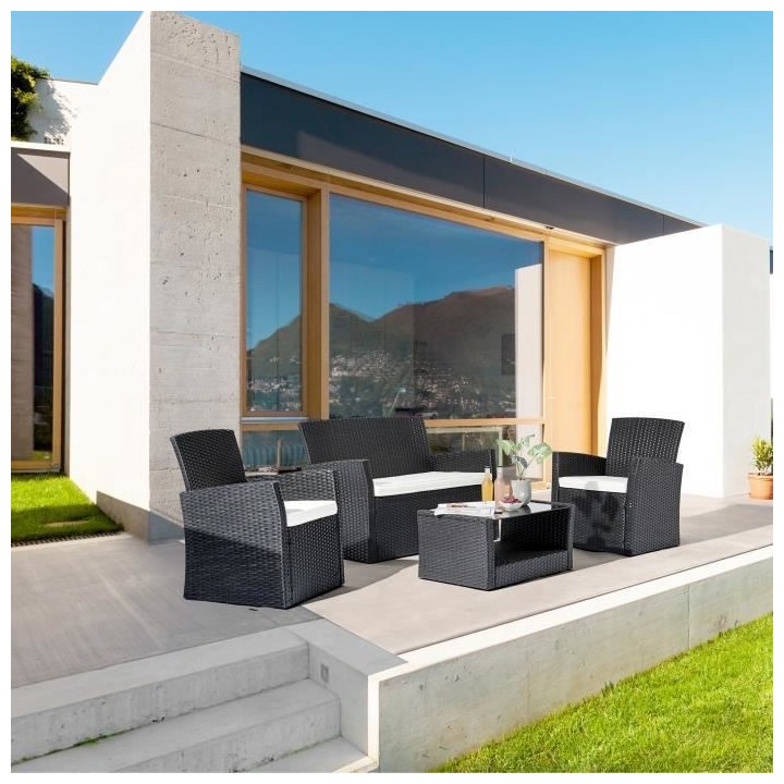 Salon de jardin en résine tressée avec coussins - 4 personnes - port