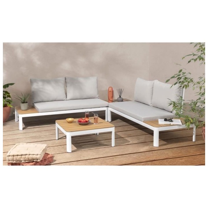 Salon de jardin modulable, en aluminium couleur blanc et poly bois - 4