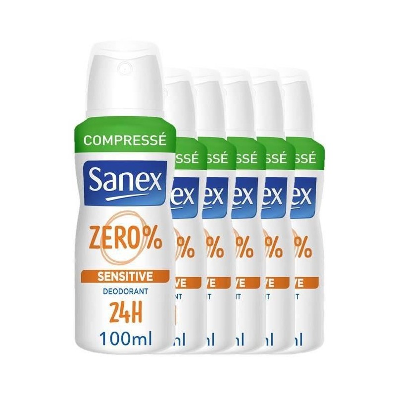 Lot de x 6 SANEX Déodorant sans sels d'aluminium Zéro 0% Peaux sensibles spray compressé - 100 ml