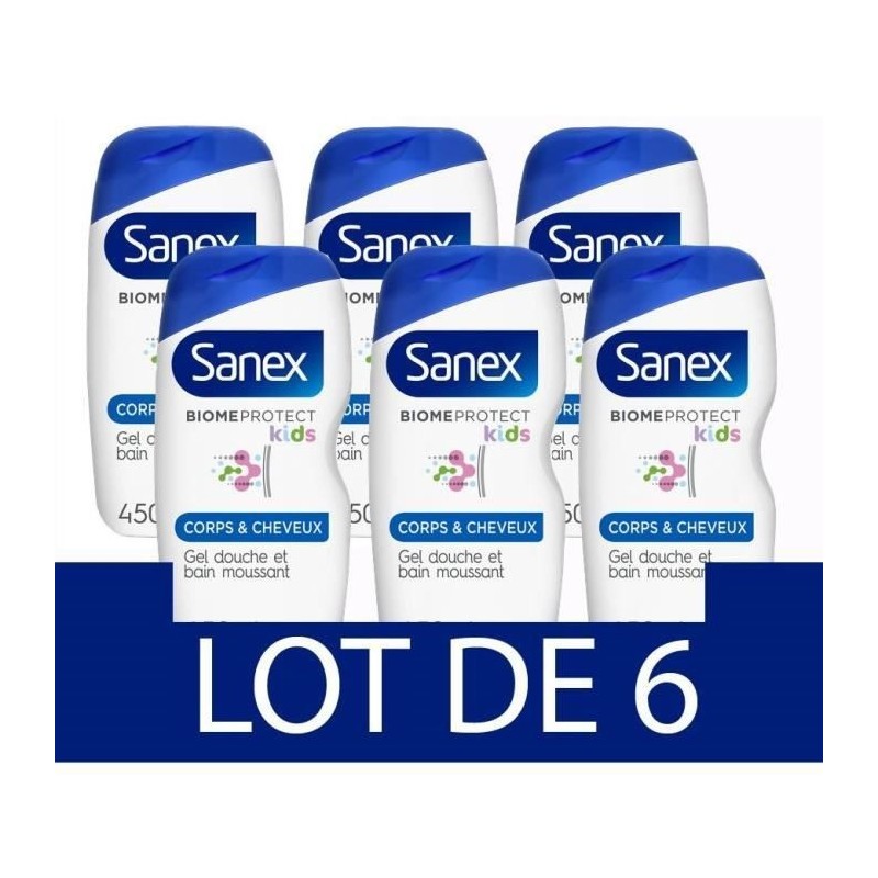 [Lot de 6] SANEX Gels douches Enfant Biome Protect Dermo Corps et Cheveux - 450 ml