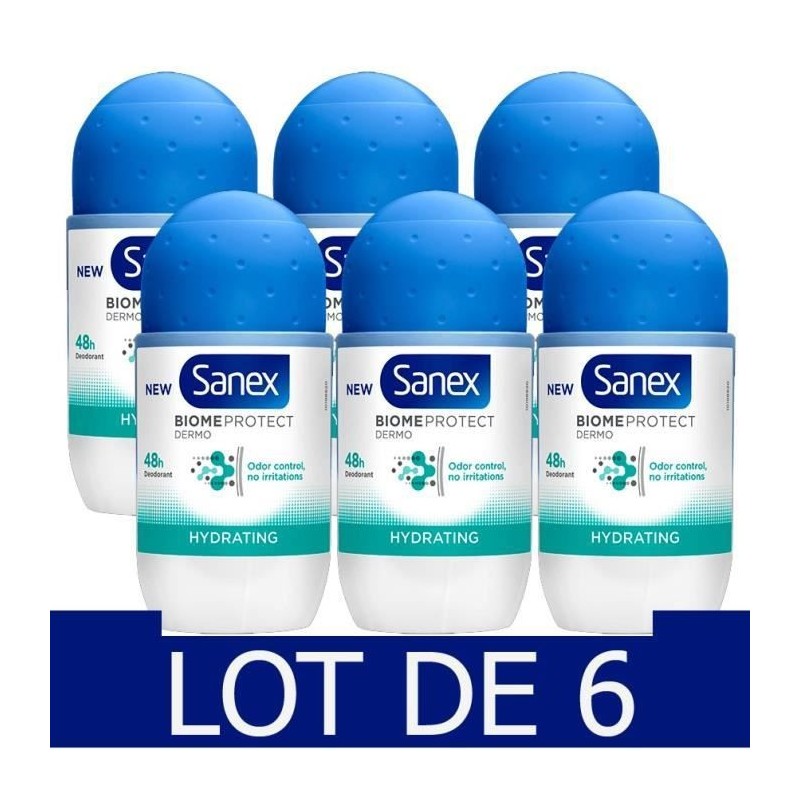 Lot de 6 SANEX Déodorant BiomeProtect Dermo Hydratant Bille - 50 ml