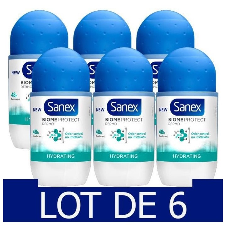 Lot de 6 SANEX Déodorant BiomeProtect Dermo Hydratant Bille - 50 ml