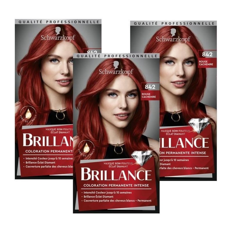 SCHWARZKOPF Brillance - Coloration Cheveux permanente intense - Rouge Cachemire 842 - Lot de 3