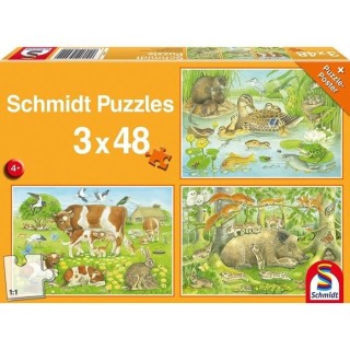 SCHMIDT AND SPIELE Puzzle enfant - Familles d'animaux - 3x48 pcs