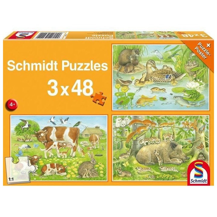 SCHMIDT AND SPIELE Puzzle enfant - Familles d'animaux - 3x48 pcs