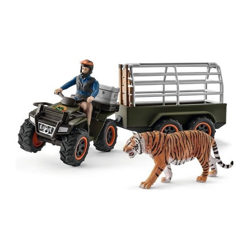 Schleich Figurine 42351 - Vie sauvage - Quad avec remorque et ranger