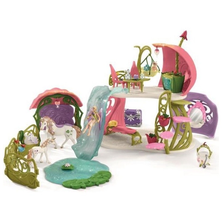 SCHLEICH - Figurine 42445 Maison-fleur pailletée avec licornes, lac e
