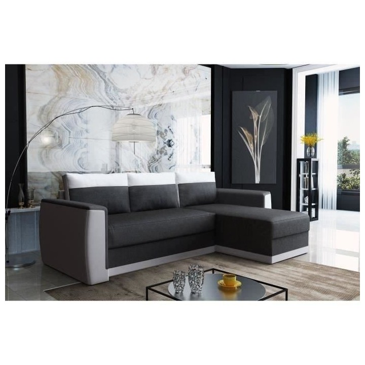 Canapé d'angle convertible 3 places JAMES- Simili blanc et tissu gris