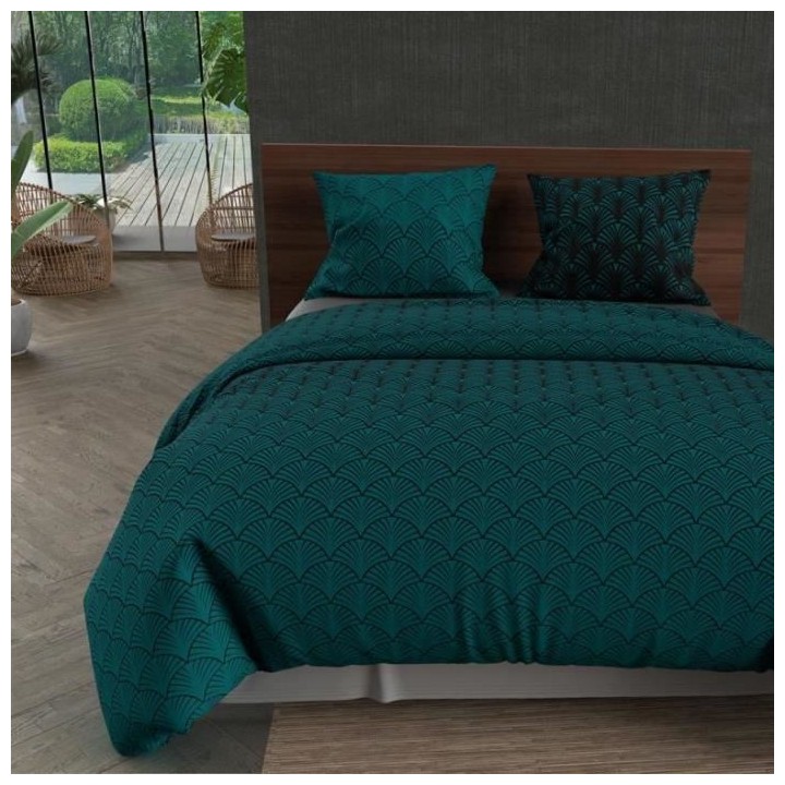 Parure housse de couette PAON - 240 x 220 cm - Microfibre - Bleu - SOL