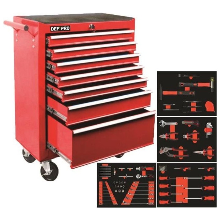 DEFPRO Servante d'atelier SERV588 7 tiroirs + 188 Outils et Embouts -