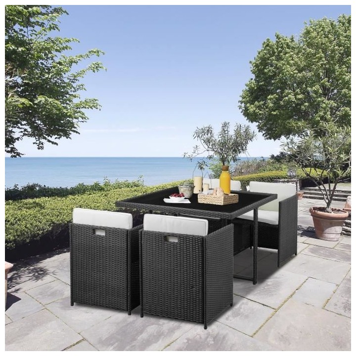 Salon de jardin en résine tressée noire avec cousins - 4 personnes -