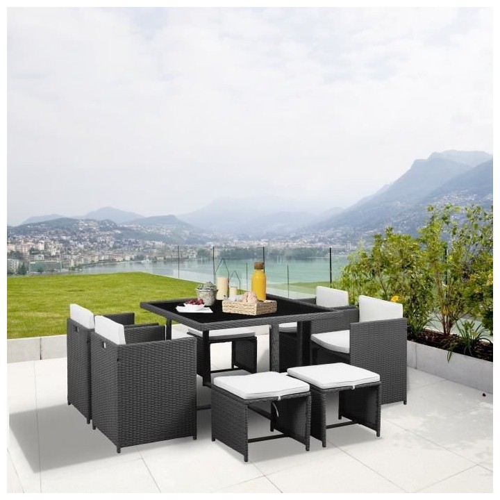 Ensemble salle a manger de jardin en rotin avec coussins - 8 personnes