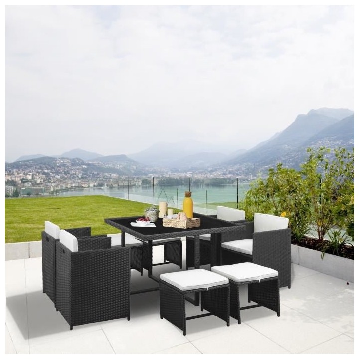 Ensemble salle a manger de jardin en rotin avec coussins - 8 personnes