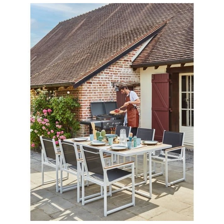 Ensemble repas je jardin 6 personnes - Table 160x110 cm - Aluminium et