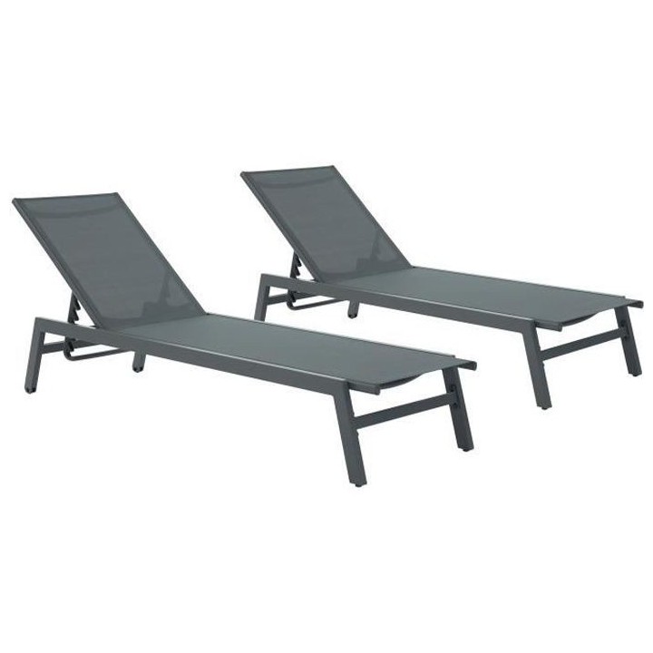Lot de 2 bains de soleil avec roulettes - dossier réglable - Gris