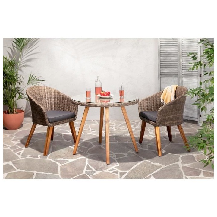 Ensemble repas de jardin 2 personnes - Table ronde Diam 90 cm en Acaci