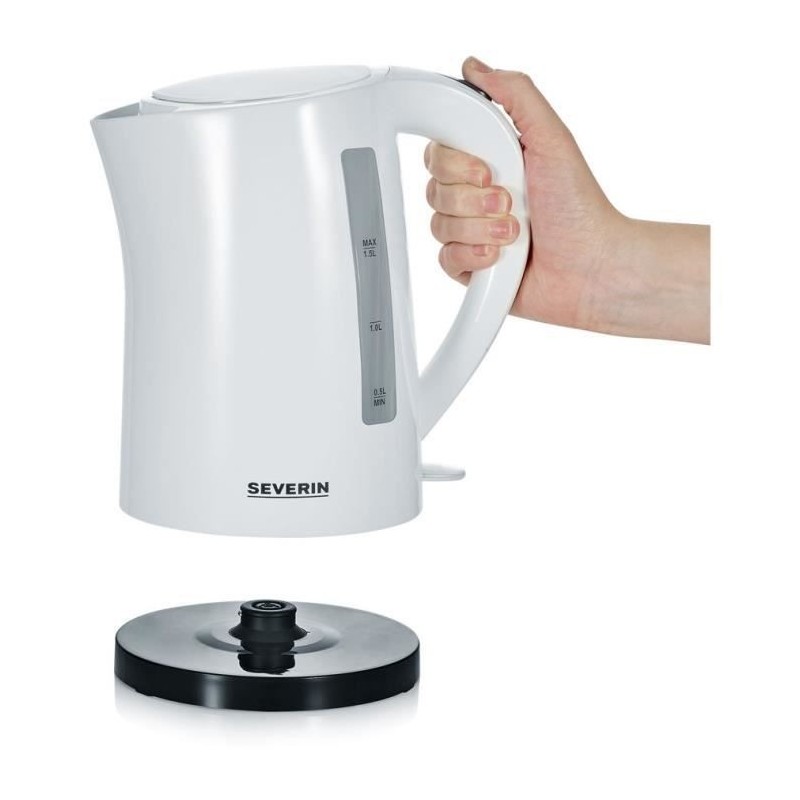 SEVERIN WK3494 Bouilloire pratique 1,5 L, ébullition rapide, Arret automatique, Ouverture XXL, Range câble, Socle 360°, Blanc