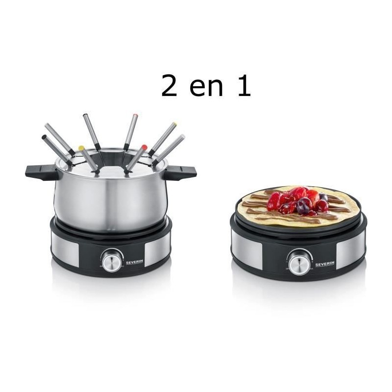 SEVERIN FO2471 - Fondue Crepiere 2en1 électrique - 8 pers. - 1500W - Caquelon inox amovible -Protection anti-projections - Inox