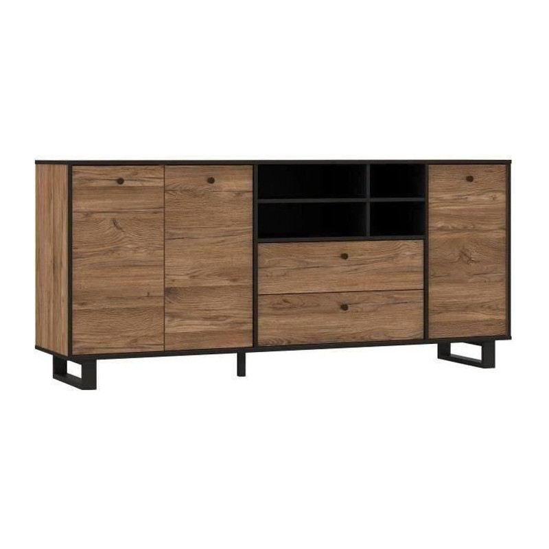 Buffet SEWILL - Décor chene et noir - 3 portes - L 180,8 x P 42 x H 81,6 cm