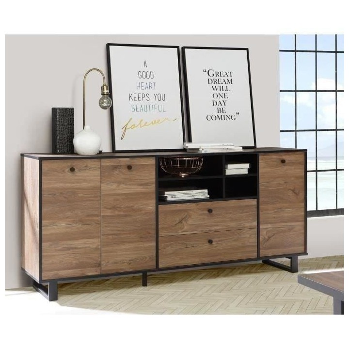 Buffet SEWILL - Décor chene et noir - 3 portes - L 180,8 x P 42 x H 8