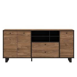 Buffet SEWILL - Décor chene et noir - 3 portes - L 180,8 x P 42 x H 81,6 cm