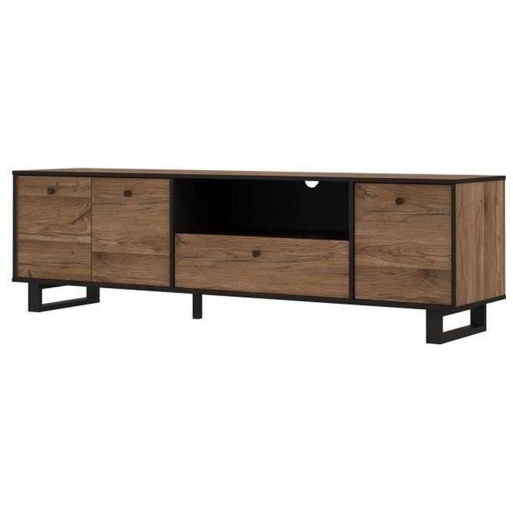 Meuble TV 3 portes 1 tiroir - Décor chene et noir - L 180,8 x P 42 x