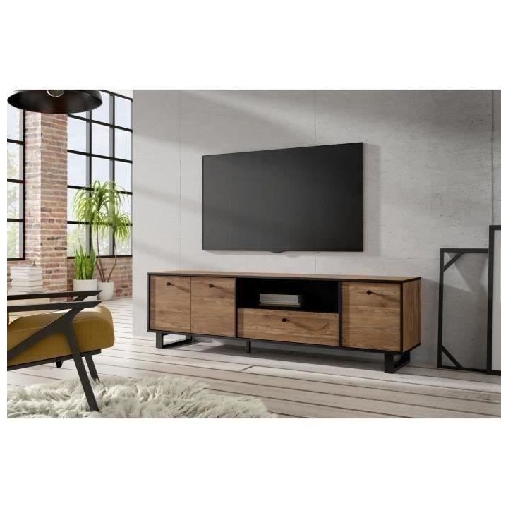 Meuble TV 3 portes 1 tiroir - Décor chene et noir - L 180,8 x P 42 x