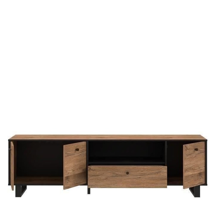 Meuble TV 3 portes 1 tiroir - Décor chene et noir - L 180,8 x P 42 x