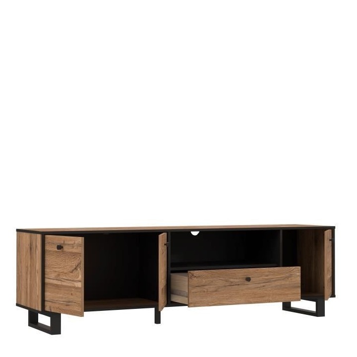 Meuble TV 3 portes 1 tiroir - Décor chene et noir - L 180,8 x P 42 x