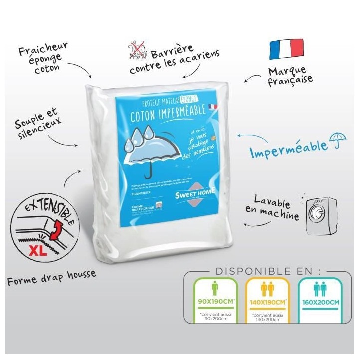 SWEETHOME Protege-matelas éponge 100% coton - Imperméable - 140x190
