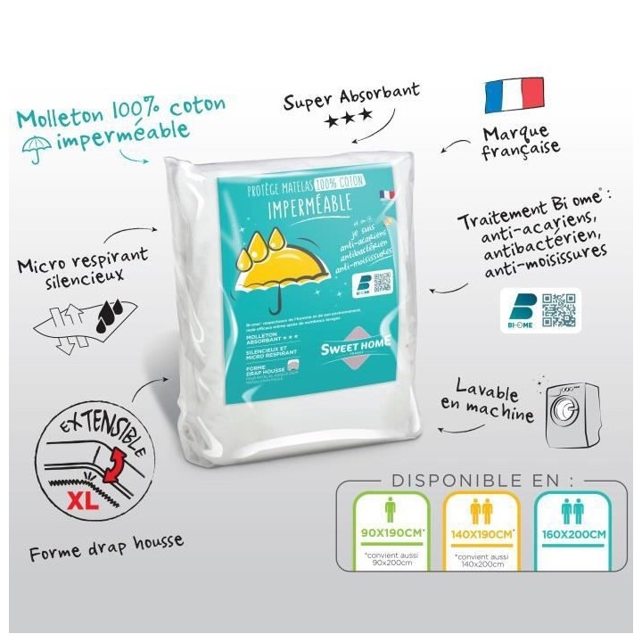 SWEETHOME Protege-matelas 100% coton - Imperméable - Anti-acariens -