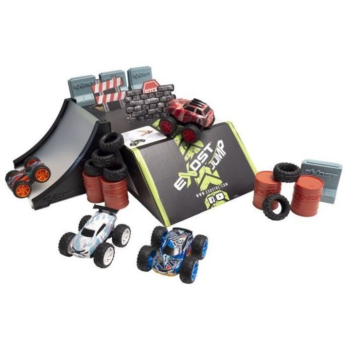 Circuit avec 4 petites voitures a friction + Accessoires - EXOST JUMP