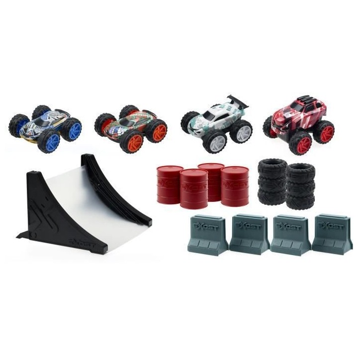 Circuit avec 4 petites voitures a friction + Accessoires - EXOST JUMP