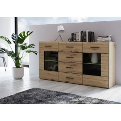 Buffet SEIKOLA 2 portes - 1 tablettes en verre, 4 tiroirs, éclairage inclus