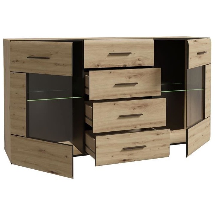 Buffet SEIKOLA 2 portes - 1 tablettes en verre, 4 tiroirs, éclairage