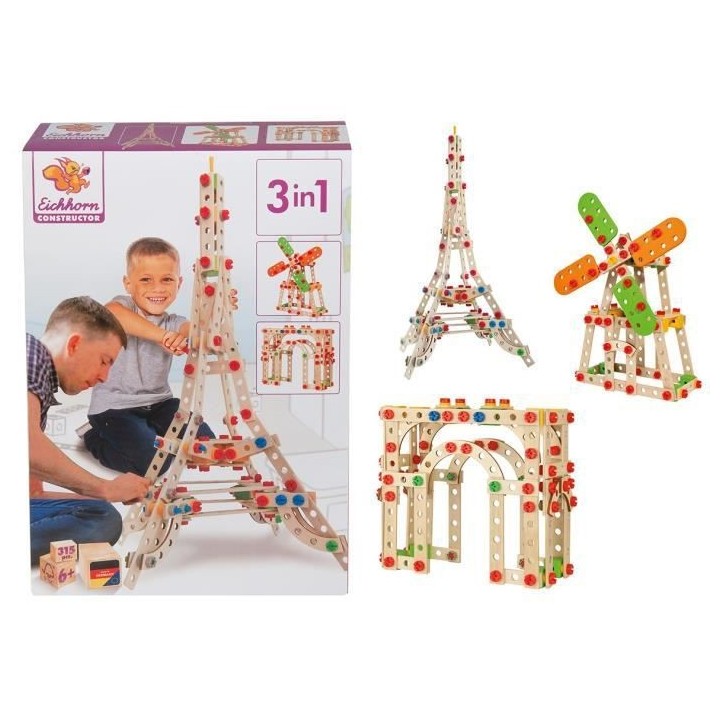 EICHHORN Jeu Construction Bois - Tour Eiffel 3 en 1 - 315 Pieces
