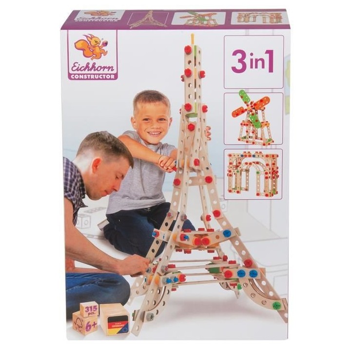 EICHHORN Jeu Construction Bois - Tour Eiffel 3 en 1 - 315 Pieces