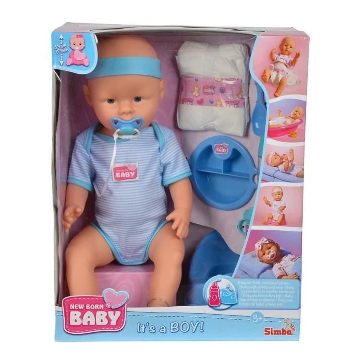 NEW BORN BABY Poupon Bleu 43cm Boit Fait Pipi