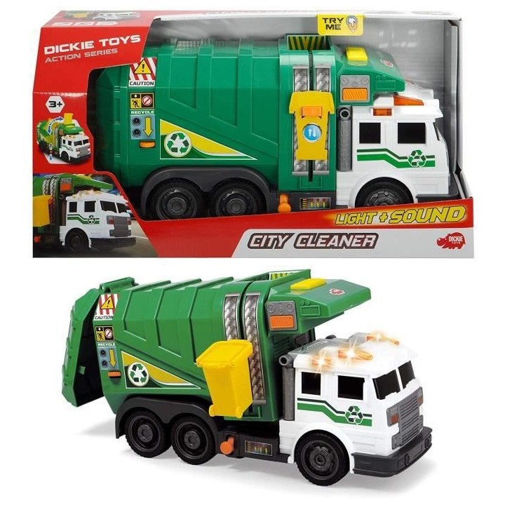 Dickie Toys Camion poubelle 39cm a roues libres avec son et lumiere